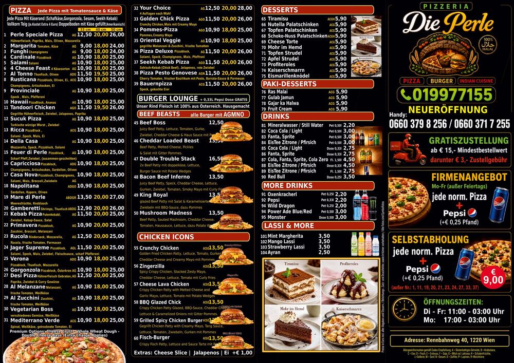 Speisekarte Seite 1: Pizza, Burger Lounge, Chicken Icons, Desserts, Getränke und Lassi.